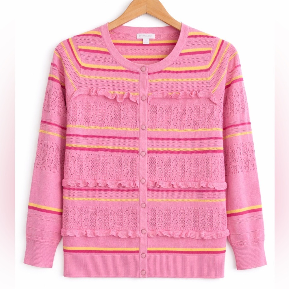 Ruffle Striped Pink and Yellow Cardigan Large Charter Club - Picture 2 of 10